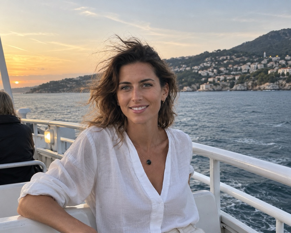 Andrea smiling, leaning on a seat on a ferry deck at sunset, with the sea and a hillside town behind her
